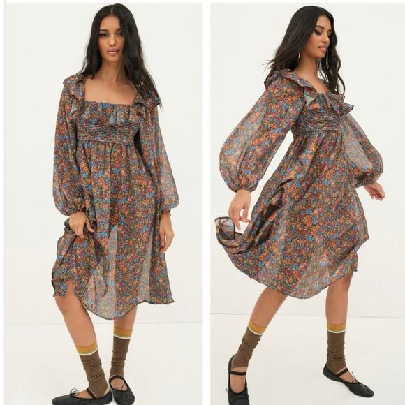 NWT For Love & Lemons Brittany Midi Dress - Floral - Long Sleeve - Size XS - Picture 1 of 7